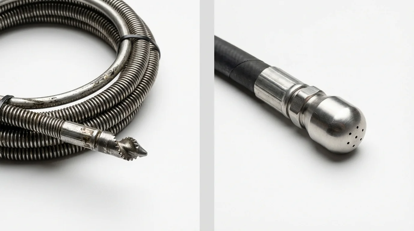 Drain snake cable and hydro jetting nozzle used for drain cleaning in Bristol, CT