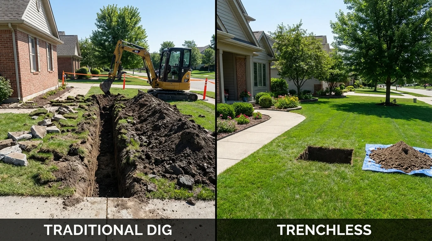 Trenchless sewer repair with minimal yard damage versus traditional excavation in Bristol, CT
