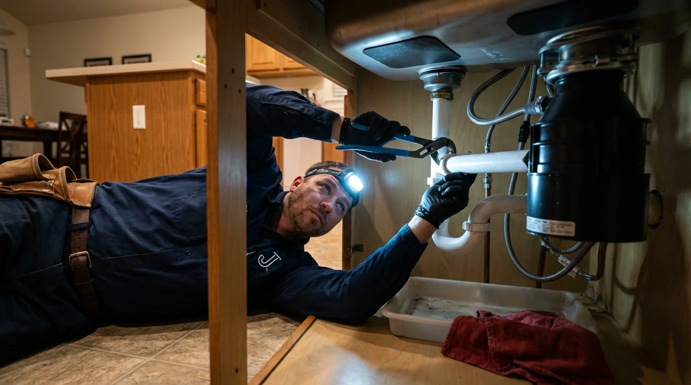 P-trap and supply line connections under a kitchen sink showing a common leak point in Bristol, CT